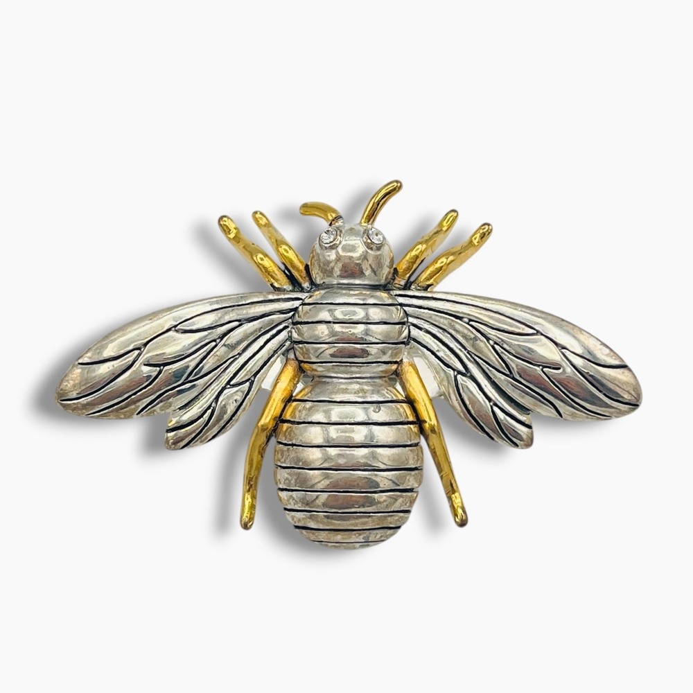 Vintage MJ Two Tone Bumble Bee Brooch Pendant Silver Gold Rhinestone Eye Pin